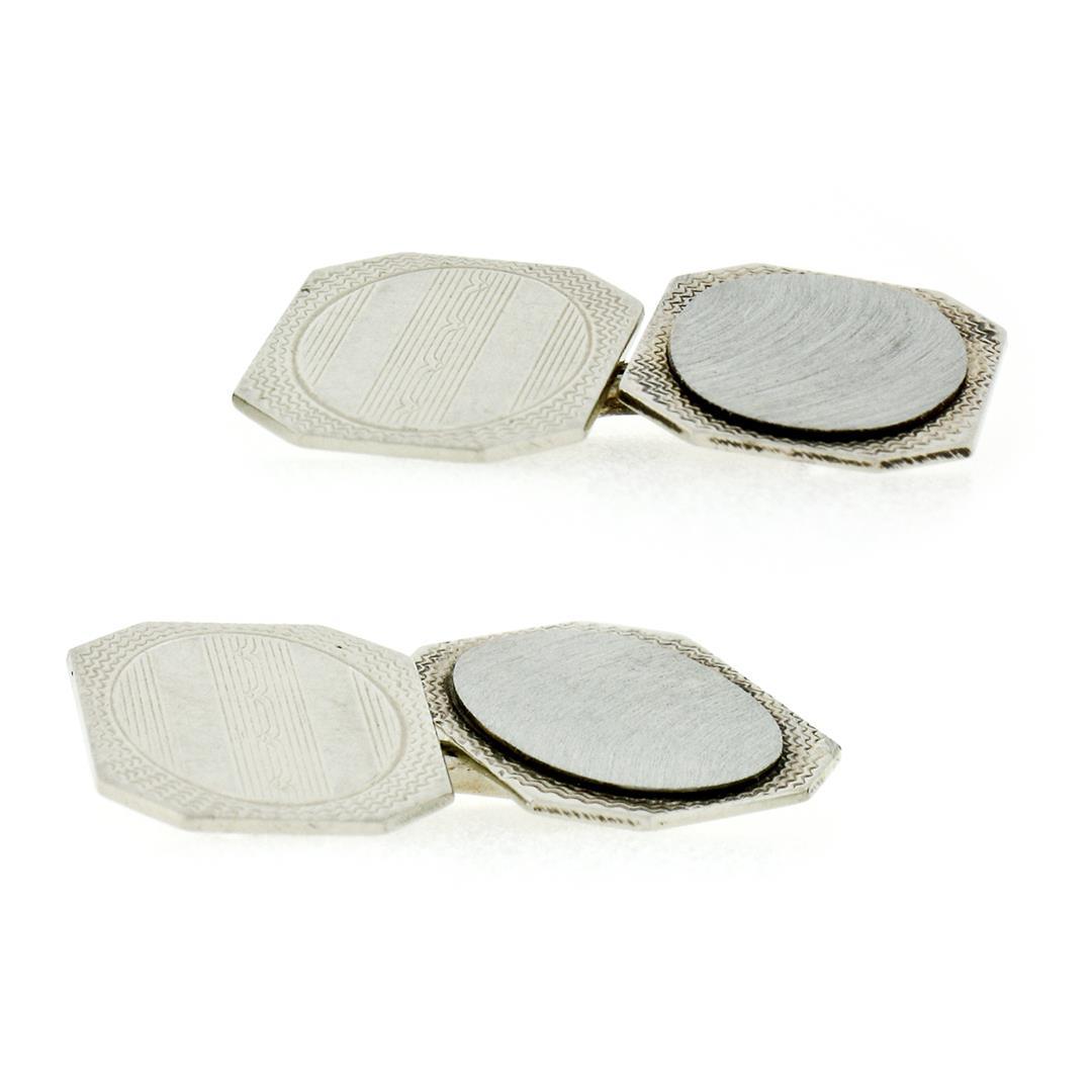 Antique Art Deco 14k White Gold Etched Dual Panel Cuff Links