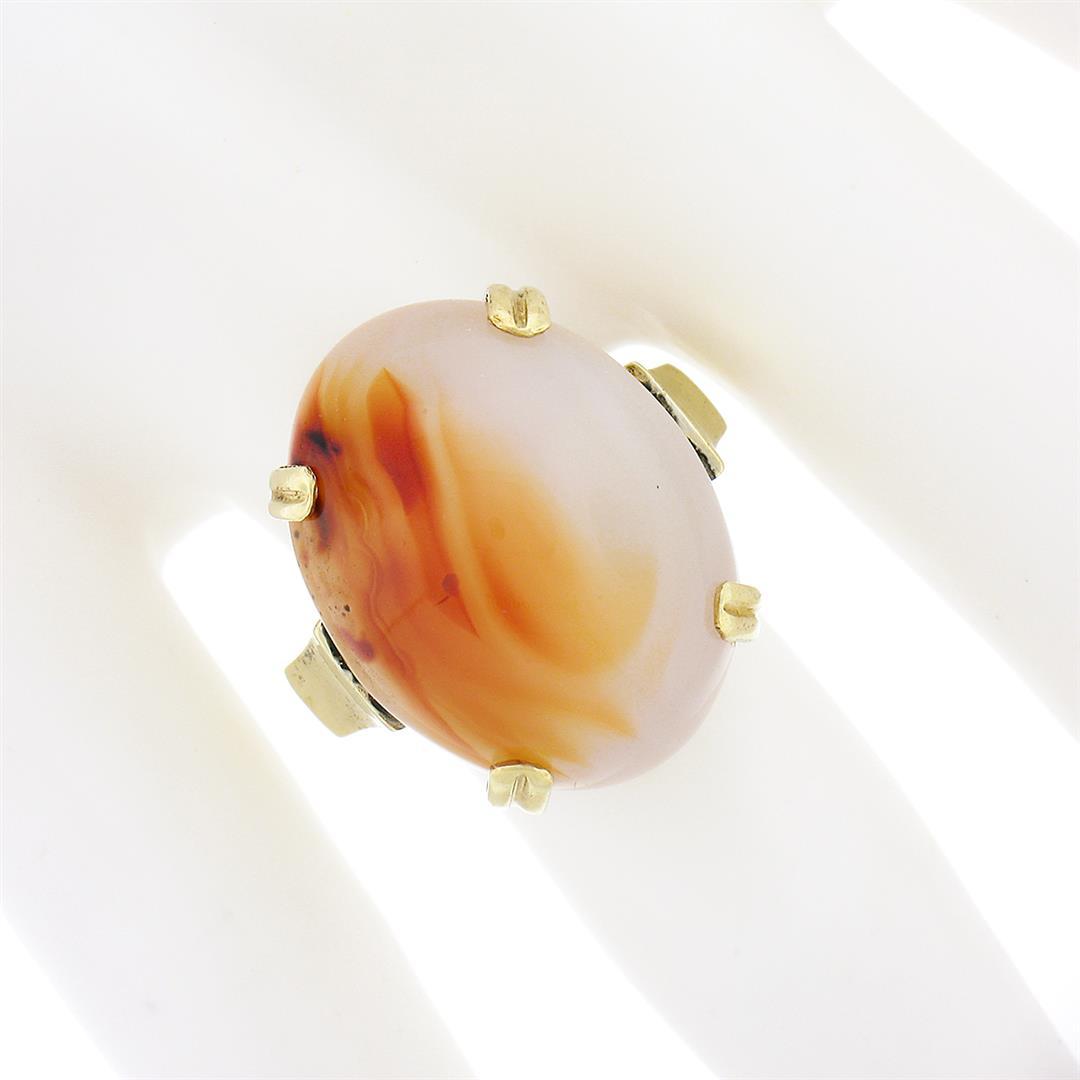 Antique 14k Gold Oval Cabochon Orange White Banded Agate Solitaire Cocktail Ring
