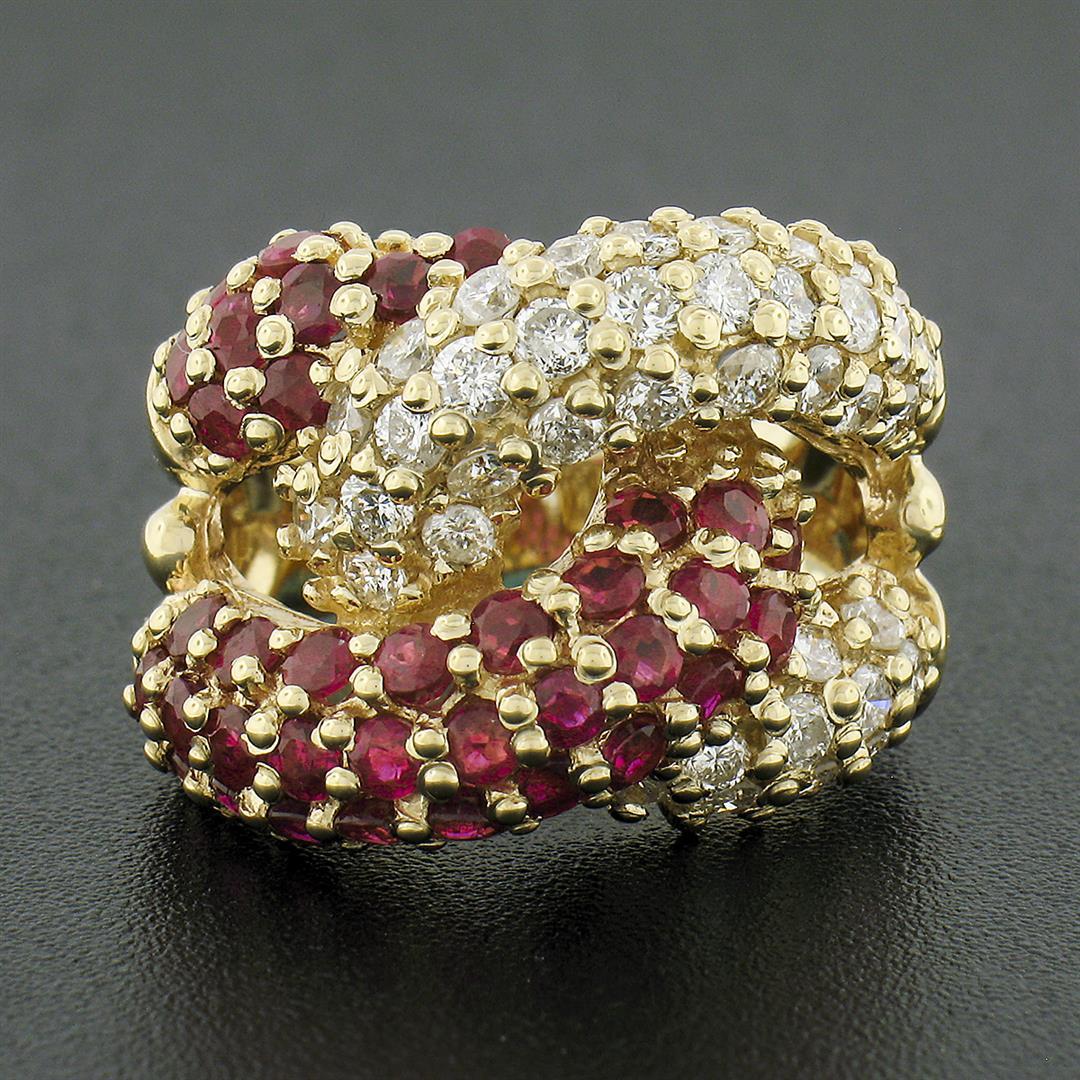 Fancy 14k Gold 2.65 ctw Round Diamond Ruby Puffed Interlocking Loop Wide Band Ri