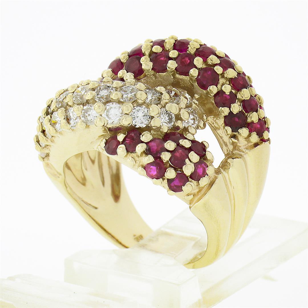 Fancy 14k Gold 2.65 ctw Round Diamond Ruby Puffed Interlocking Loop Wide Band Ri