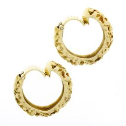 Vintage 18K Yellow Gold Nugget Textured Finish Hoop Huggie Clip On Earrings