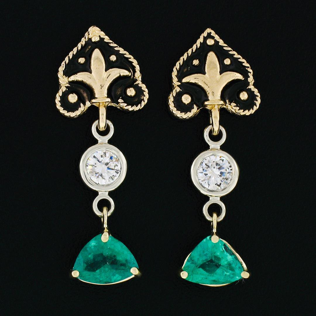 Vintage 14k Gold 1.28 ctw Trillion Emerald & Diamond Fleur De Lis Enamel Earring