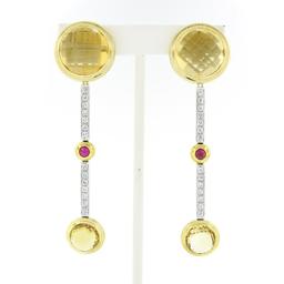 Antonini 18K TT Gold Bezel Citrine Diamond & Ruby Long Dangle Day Night Earrings