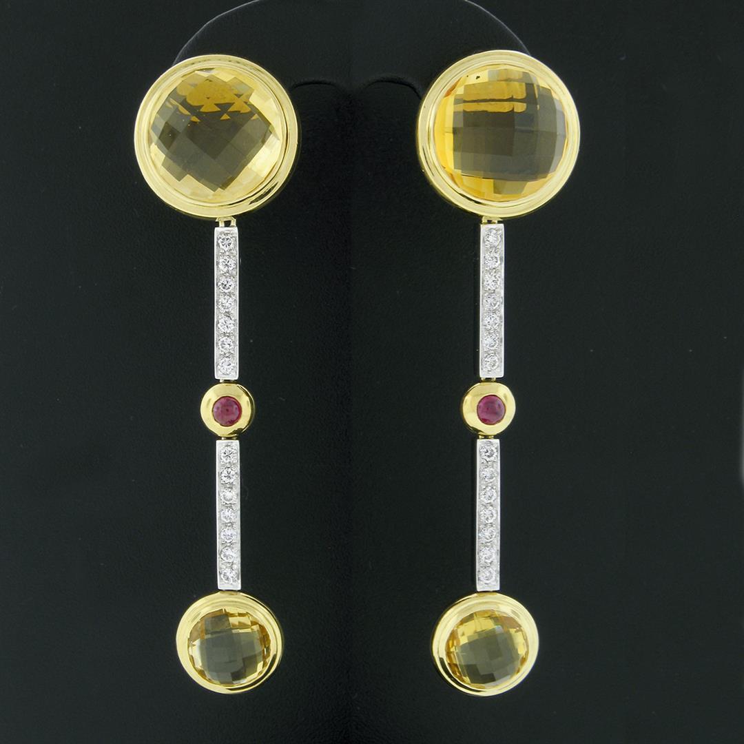 Antonini 18K TT Gold Bezel Citrine Diamond & Ruby Long Dangle Day Night Earrings