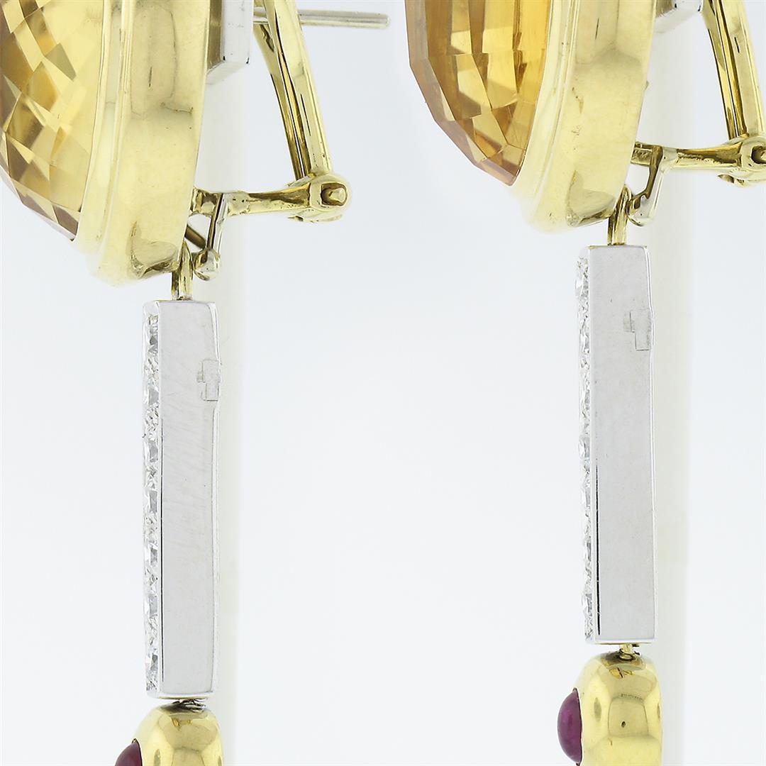 Antonini 18K TT Gold Bezel Citrine Diamond & Ruby Long Dangle Day Night Earrings