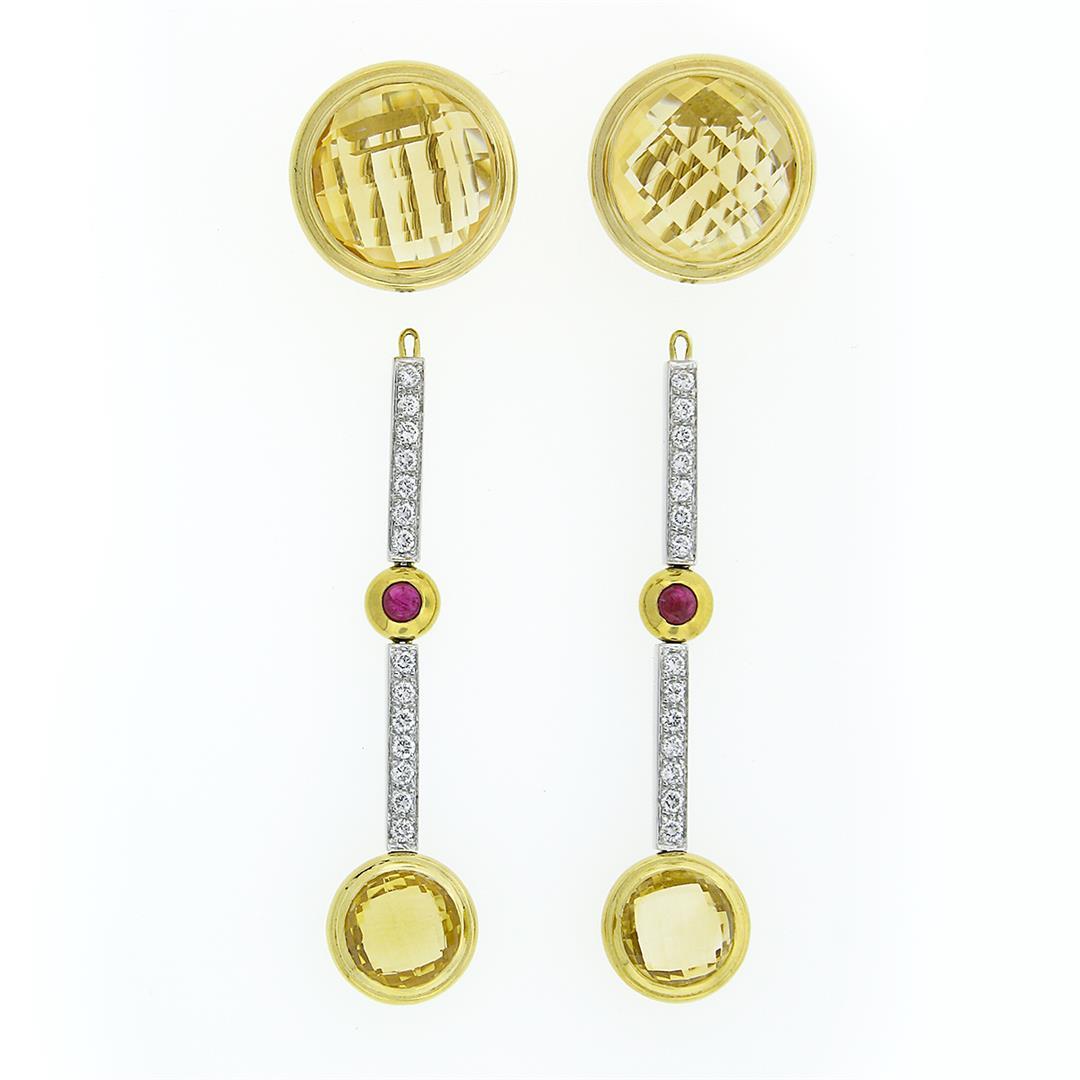 Antonini 18K TT Gold Bezel Citrine Diamond & Ruby Long Dangle Day Night Earrings