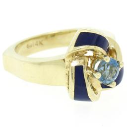 Vintage 14K Yellow Gold FINE Aquamarine & Blue Enamel Trinity Knot Cocktail Ring