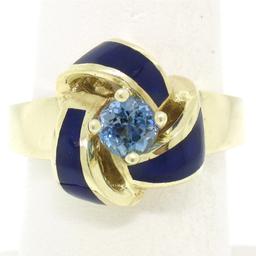 Vintage 14K Yellow Gold FINE Aquamarine & Blue Enamel Trinity Knot Cocktail Ring