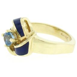 Vintage 14K Yellow Gold FINE Aquamarine & Blue Enamel Trinity Knot Cocktail Ring