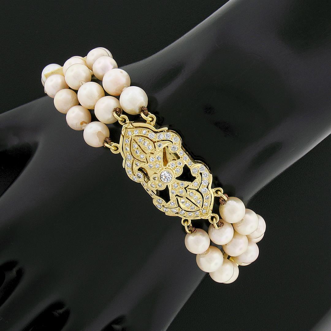 14k Yellow Gold 7.25" 1.25 ctw Diamond Covered Clasp 3 Row Cultured Pearl Bracel