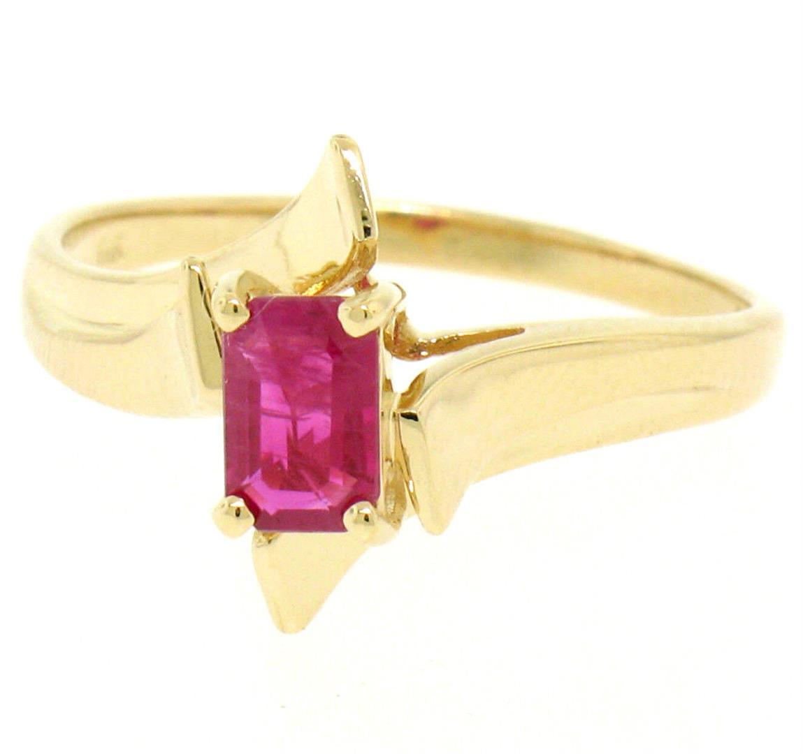 14K Solid Yellow Gold.83 ctw Prong Set Emerald Cut Red Ruby Solitaire Bypass Rin