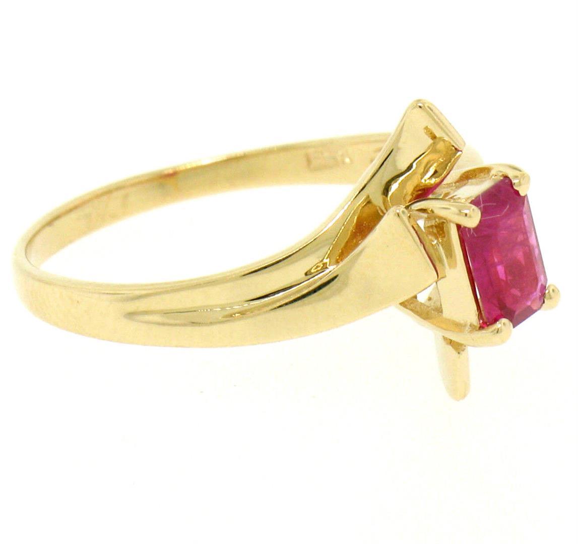 14K Solid Yellow Gold.83 ctw Prong Set Emerald Cut Red Ruby Solitaire Bypass Rin