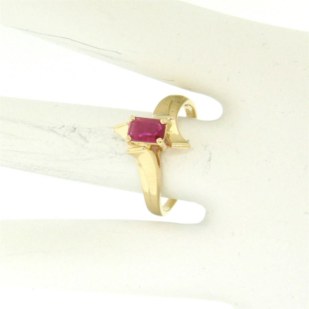 14K Solid Yellow Gold.83 ctw Prong Set Emerald Cut Red Ruby Solitaire Bypass Rin