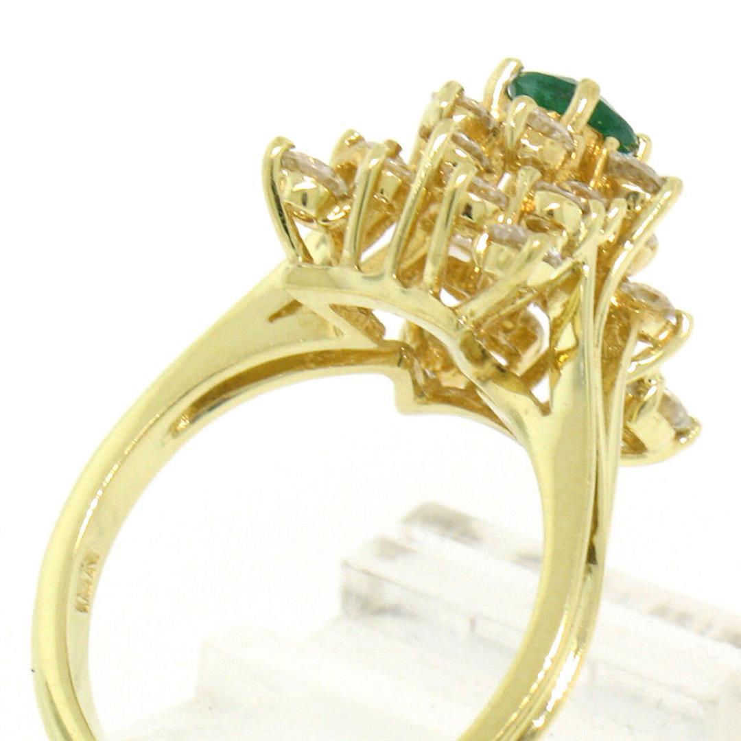 Estate 18k Yellow Gold 1.78 ctw Oval Emerald & Round Diamond Pyramid Cluster Rin