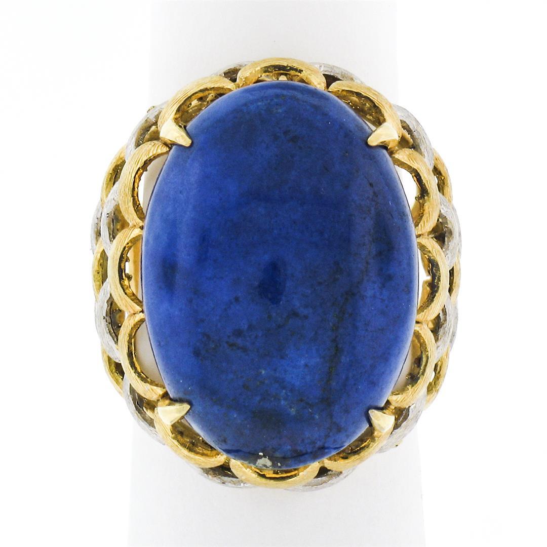 Vintage 18K TT Gold Cabochon Lapis Lazuli Textured Crescent Large Cocktail Ring