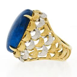 Vintage 18K TT Gold Cabochon Lapis Lazuli Textured Crescent Large Cocktail Ring