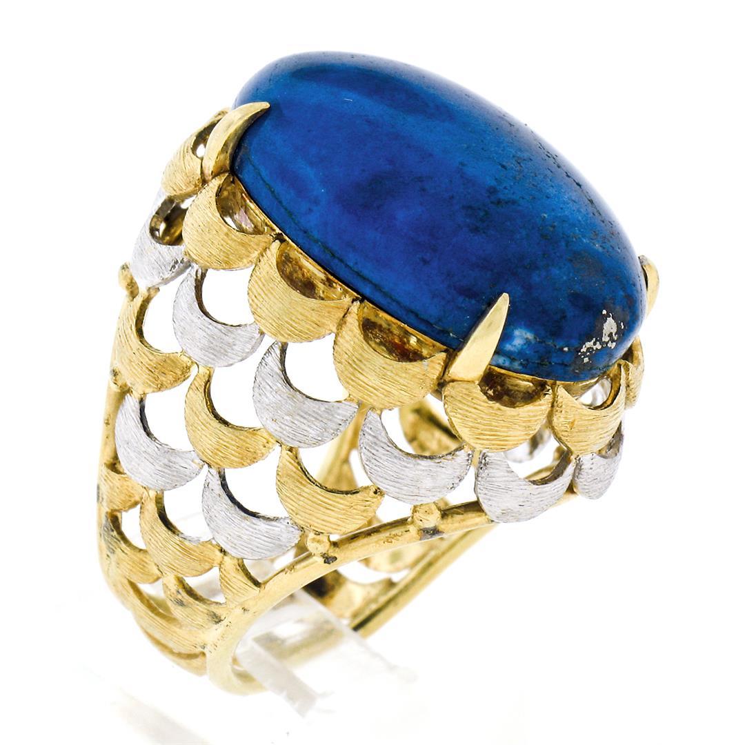 Vintage 18K TT Gold Cabochon Lapis Lazuli Textured Crescent Large Cocktail Ring