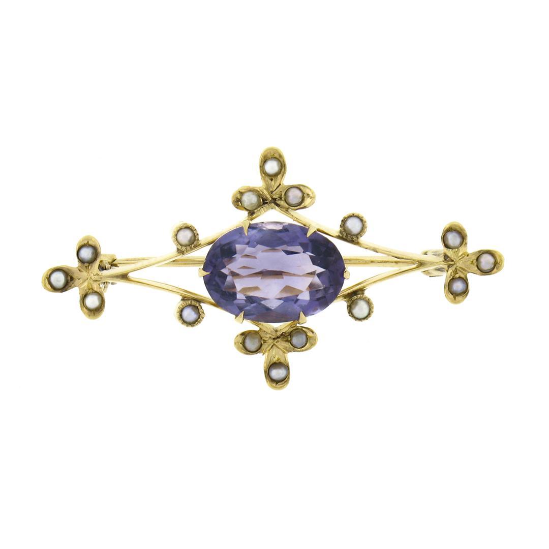 Vintage Victorian Revival 14K Yellow Gold Oval Amethyst & Seed Pearl Pin Brooch