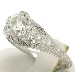 Antique Art Deco Platinum 1.30 ctw GIA Diamond Etched Filigree Engagement Ring