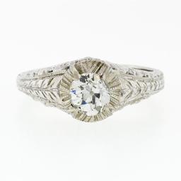 Vintage 14k White Gold 0.68 ctw Old Cut Diamond Solitaire Filigree Engagement Ri