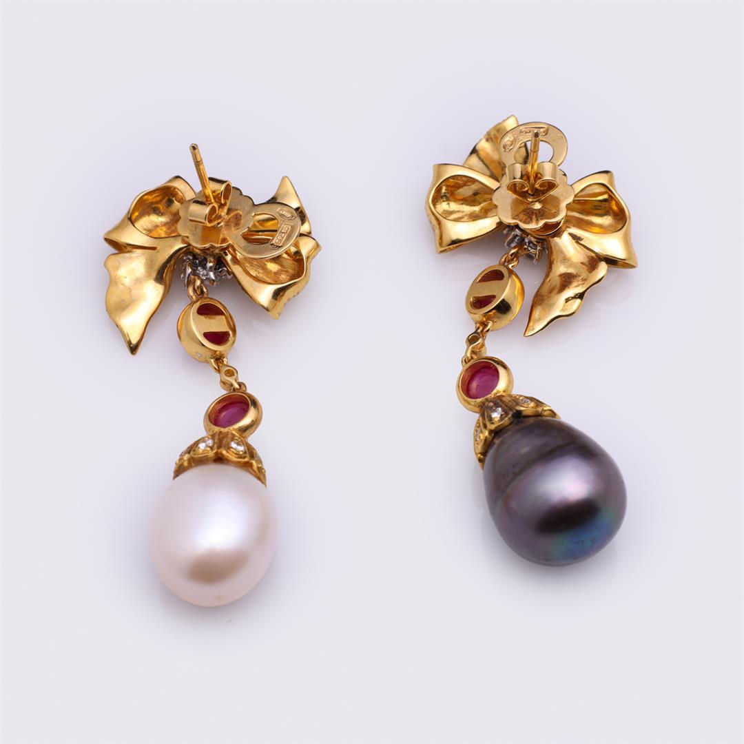 Pair 18K Yellow Gold, Ruby, Diamond & Pearl Earrings by Carlo Rici