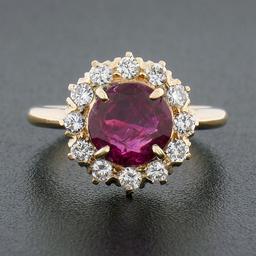 Vintage 18k Gold 2 ctw GIA Burma No Heat Round Ruby Diamond Halo Cluster Ring