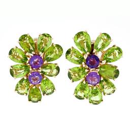 Large 14K Rose Gold Pear Green Peridot & Amethyst Happy Colorful Cluster Earring