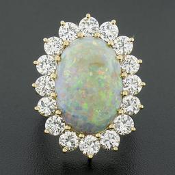 Vintage 14k Gold Oval Cabochon Opal w/ 4.0 ctw Round Diamond Halo Cocktail Ring