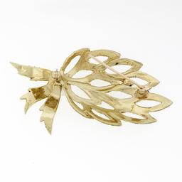 Vintage Large 14K Gold 1.3 ctw Sapphire Pearl Open Textured Flower Leaf Brooch P