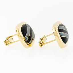 Vintage 14k Yellow Gold Swivel Cuff Links w/ Hematite Inlaid in Black Onyx