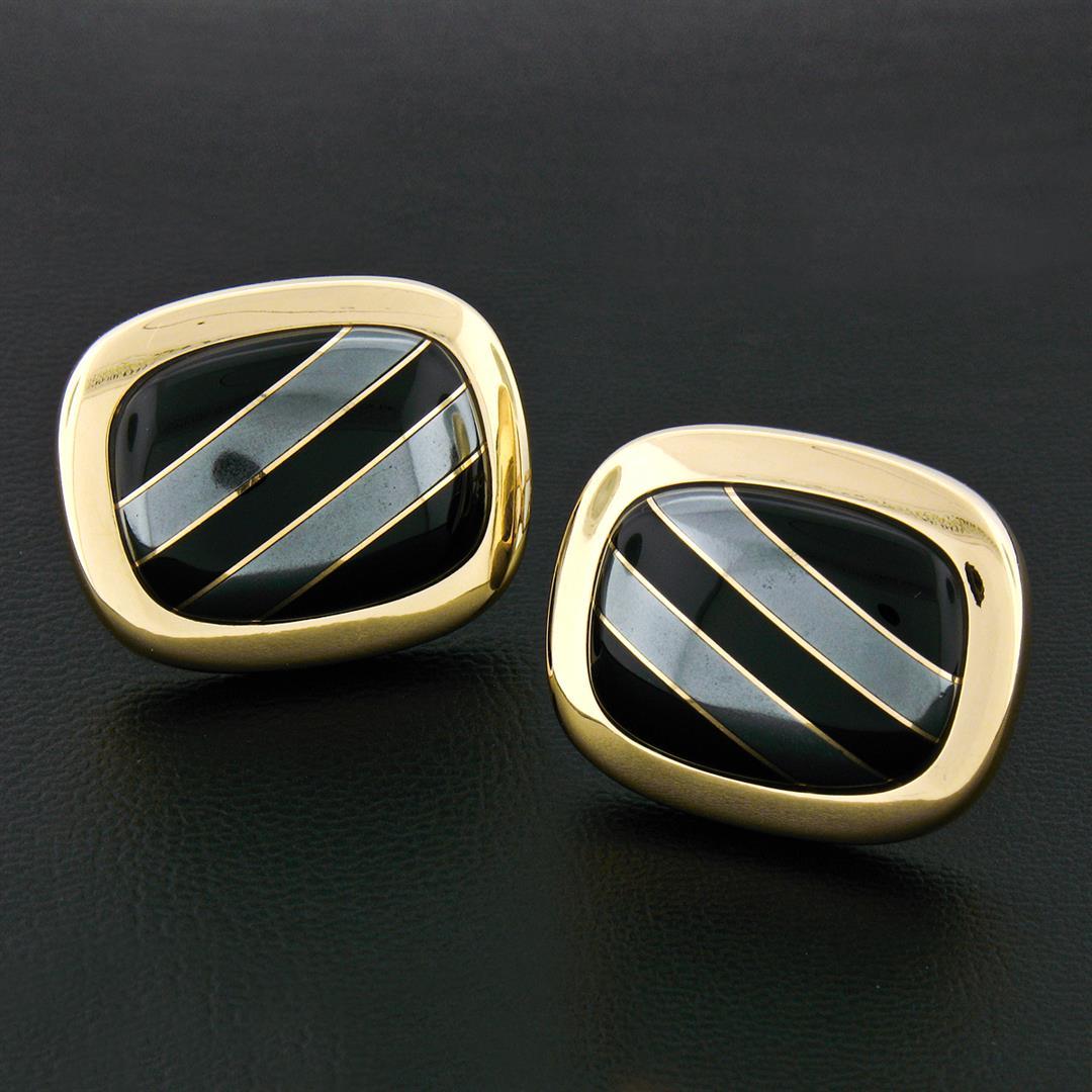 Vintage 14k Yellow Gold Swivel Cuff Links w/ Hematite Inlaid in Black Onyx