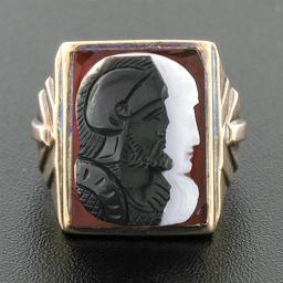 Antique Victorian 14k Gold White & Black Agate Double Cameo on Carnelian Ring