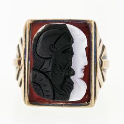 Antique Victorian 14k Gold White & Black Agate Double Cameo on Carnelian Ring