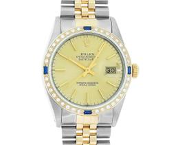 Rolex Mens Champagne Index Dial 18K Yellow Gold Sapphire And Diamond Bezel Datej