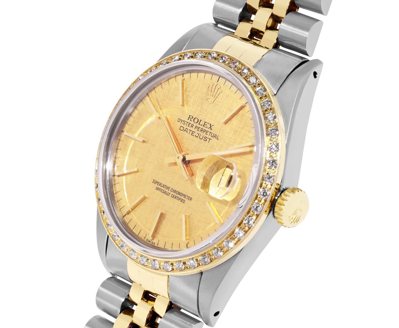 Rolex Mens 2 Tone Champagne Linen Dial Diamond Bezel Datejust Wristwatch