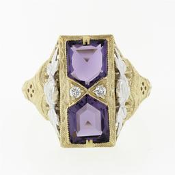 14K Two Tone Gold 1.80 ctw Amethyst Diamond Filigree Milgrain Etched Cocktail Ri