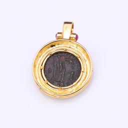 Heavy 18K Yellow Gold Pendant With Rubies & Imperial Roman Copper Coin