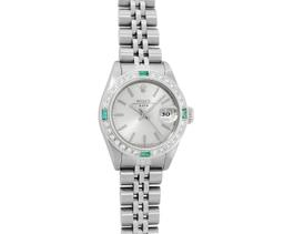 Rolex Ladies Quickset Stainless Steel 18K White Gold Diamond & Emerald Bezel Sil