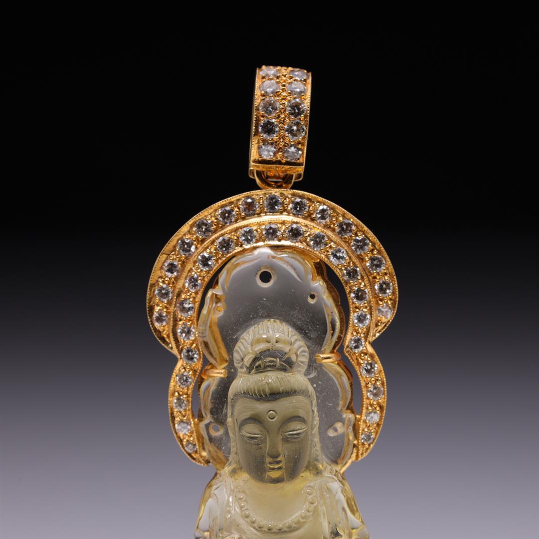 Large 18K Yellow Gold & Diamond Pendant with Carved Citrine Guanyin by Carlo Ric