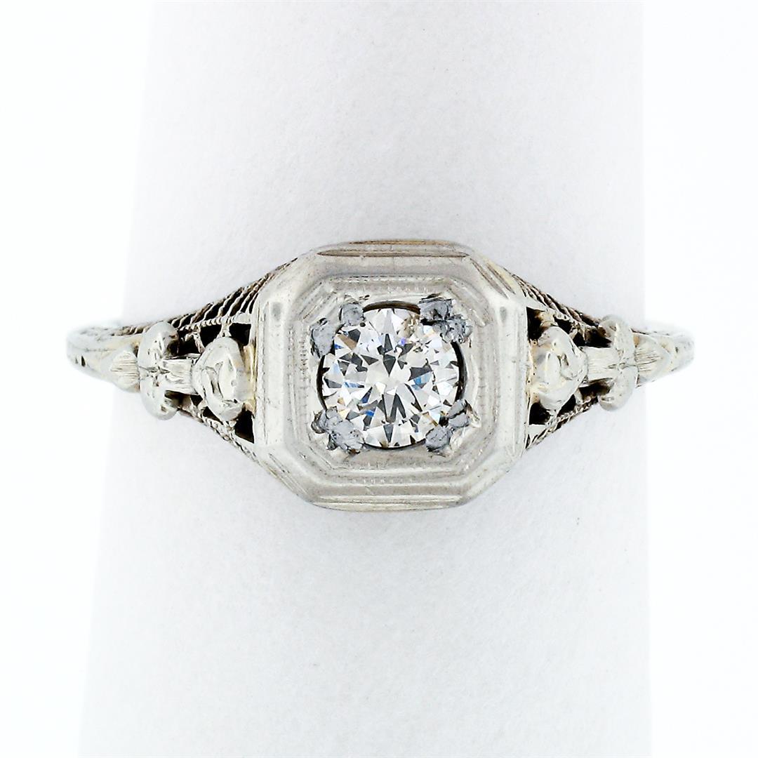 Antique Art Deco 18k White Gold European Diamond Floral Filigree Engagement Ring