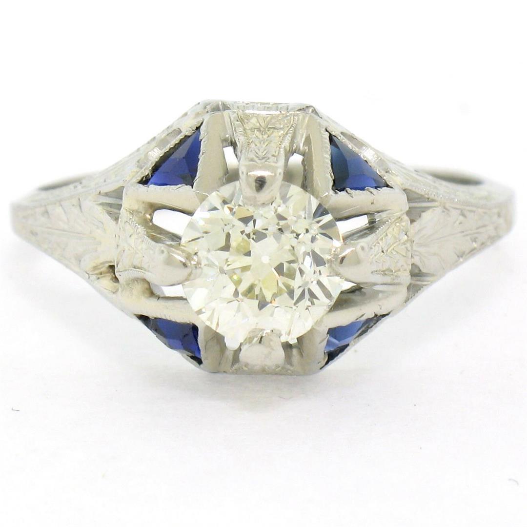 Antique Art Deco 20k White Gold Diamond and Sapphire Engagement Ring