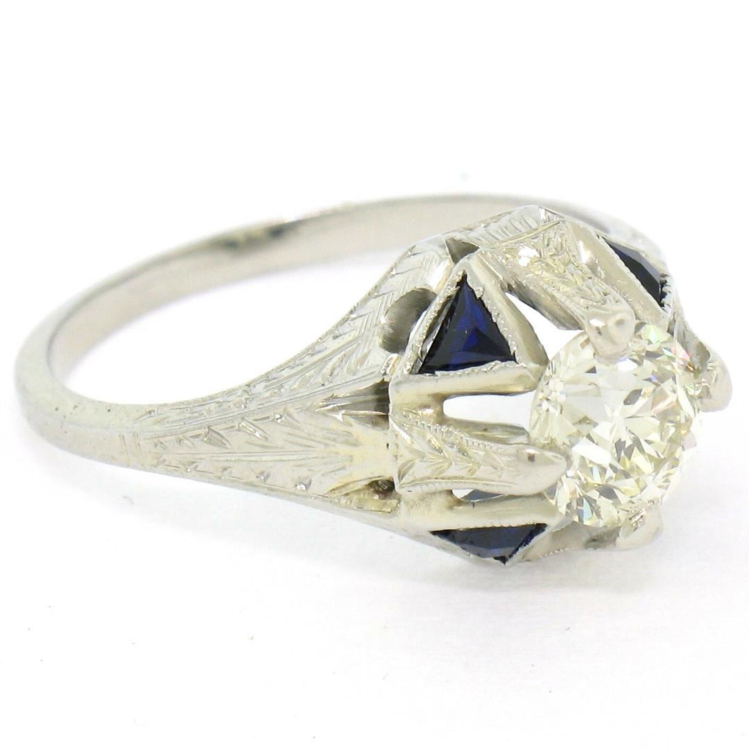 Antique Art Deco 20k White Gold Diamond and Sapphire Engagement Ring