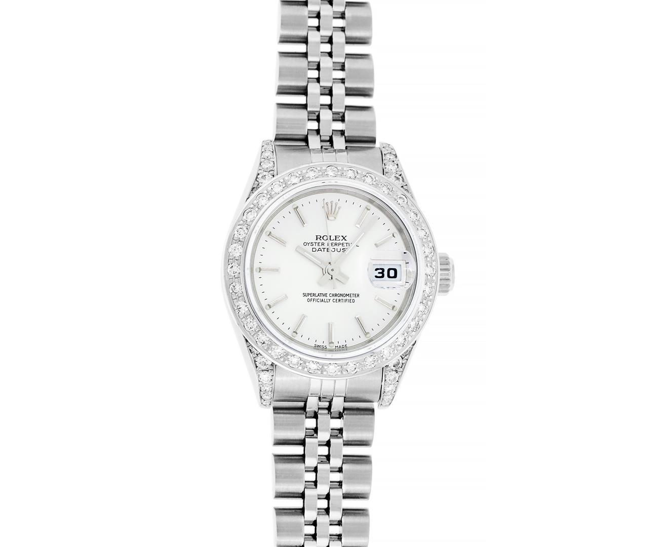 Rolex Ladies Quickset Stainless Steel Silver Index 18K White Gold Diamond Bezel