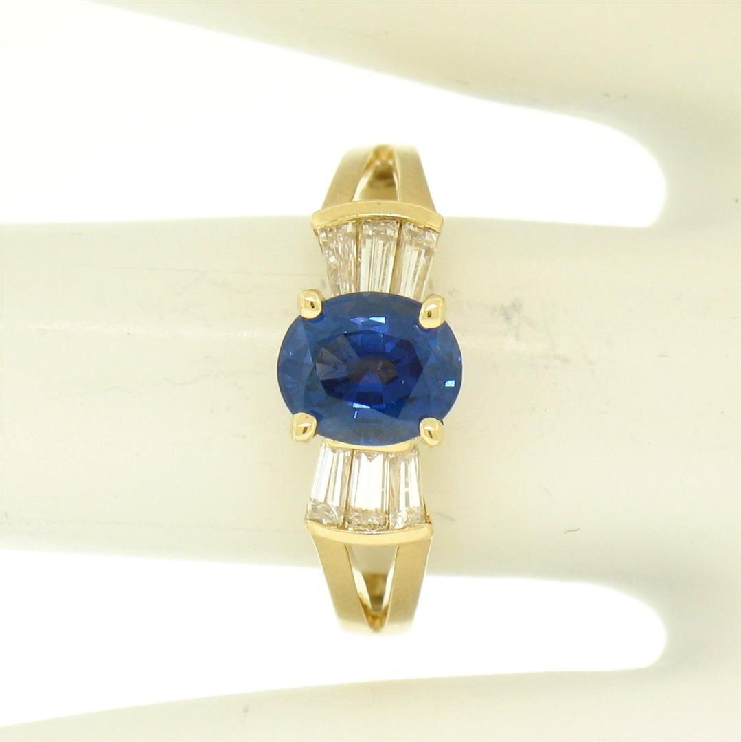 14k Yellow Gold ROYAL BLUE Sapphire Solitaire Ring Fine Baguette Diamond Accents