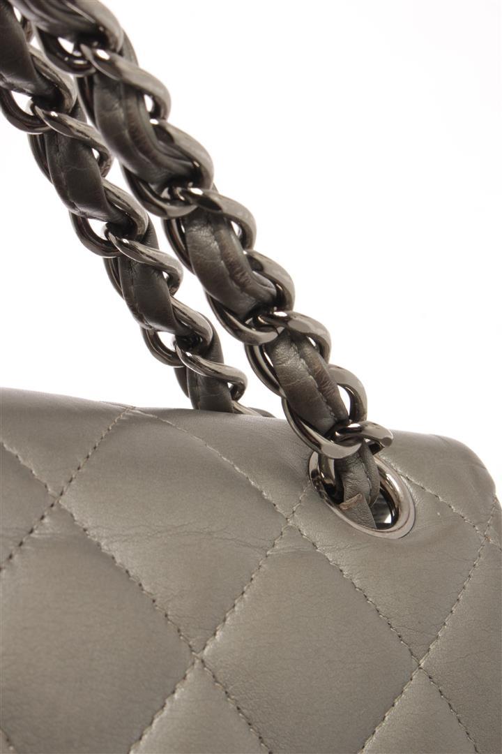 Chanel Grey Leather Large Double Flap Shoulder Bag