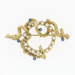 Vintage 14k Yellow Gold Pearl & Sapphire Bark Textured Vine Wrapped Brooch Pin