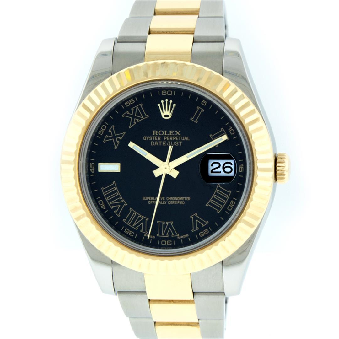 Rolex Mens 41MM Datejust 2 18K Yellow Gold And Steel Black Roman Oyster Band Wri