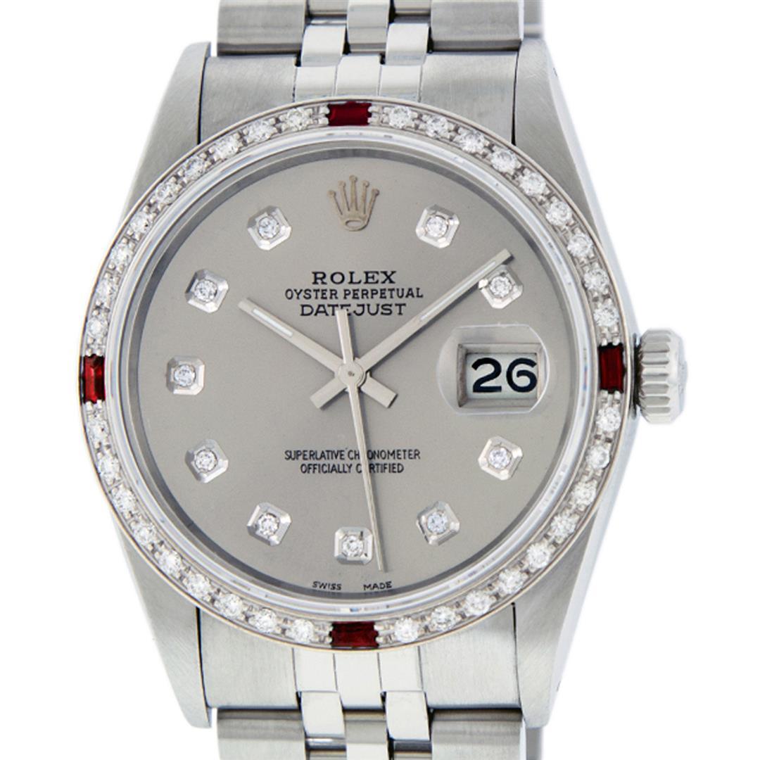 Rolex 36MM Stainless Steel Gray Diamond & White Gold Ruby Datejust Wristwatch