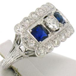 Antique Art Deco Etched Platinum 1.0 ctw European Cut Diamond & Syn Sapphire Rin