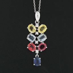 14K White Gold 3.54 ctw Multi-Color Sapphire & Diamond Dangle Pendant Necklace